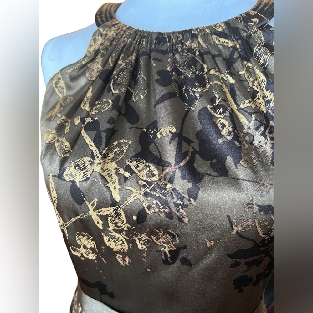 Tahari Olive Green, Gold and Black Sheath Dress, Midi, Racerback - Picture 6 of 9